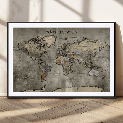 72658967-MGC-FP-36x24_Black-Personalized World Map Wall Art – Adventure Awaits Rustic Sepia Travel Map with Custom Names, Vintage Wall Decor for Couples, Home