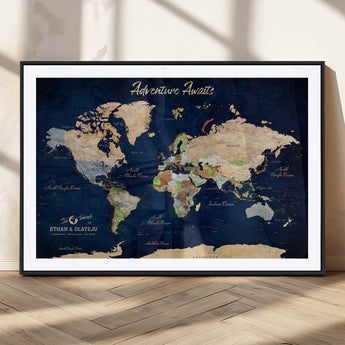 80965072-MGC-FP-36x24_Black-Personalized World Map Wall Art – Adventure Awaits Navy Blue Travel Map with Custom Names, Rustic Vintage Wall Decor for Couples,