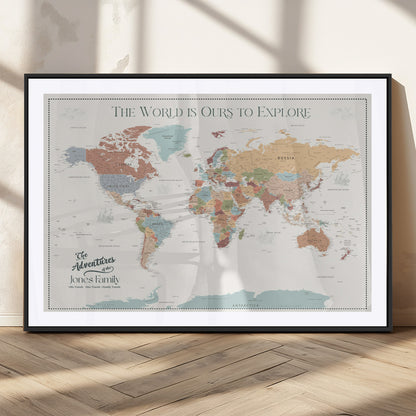69180591-MGC-FP-36x24_Black-Personalized World Map Wall Art – Rustic Vintage Adventure Travel Map with Custom Family Names, Unique Wall Decor for Couples,