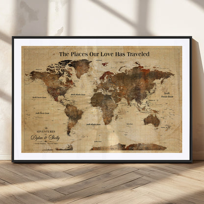 50680593-MGC-FP-36x24_Black-Personalized World Map Wall Art – Rustic Brown Adventure Travel Map with Custom Names, Elegant Push Pin Canvas for Couples Home,