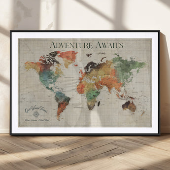 24737989-MGC-FP-36x24_Black-Personalized World Map Wall Art – Colorful Vintage Adventure Travel Map with Custom Names, Unique Wall Decor for Couples,