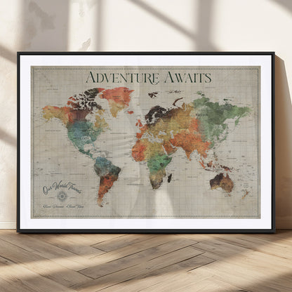 24737989-MGC-FP-36x24_Black-Personalized World Map Wall Art – Colorful Vintage Adventure Travel Map with Custom Names, Unique Wall Decor for Couples,