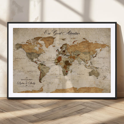 91961147-MGC-FP-36x24_Black-Personalized World Map Wall Art – Vintage Sepia Adventure Travel Map with Custom Couple Names, Rustic Wall Decor for Home, Couples