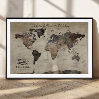 78610079-MGC-FP-36x24_Black-Personalized World Map Wall Art – Vintage Rustic Travel Map with Custom Family Name, Adventure Wall Decor for Home, Family Gift or