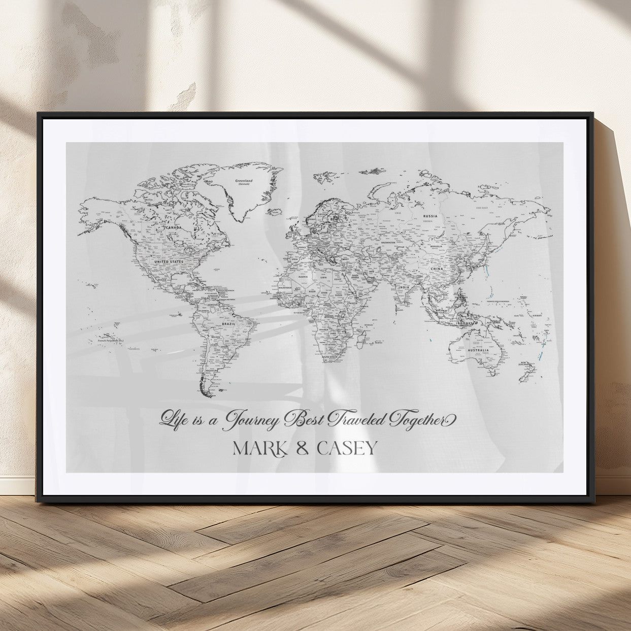 43438578-MGC-FP-36x24_Black-Personalized World Map Wall Art – Black and White Minimal Travel Map with Custom Names, Elegant Wall Decor for Couples, Wedding or