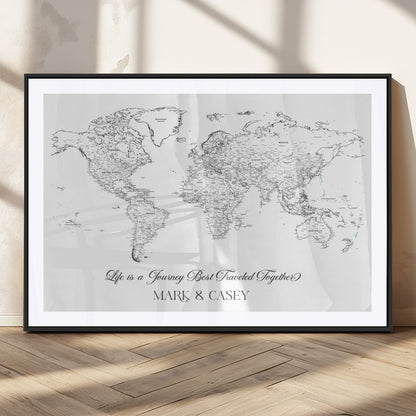 43438578-MGC-FP-36x24_Black-Personalized World Map Wall Art – Black and White Minimal Travel Map with Custom Names, Elegant Wall Decor for Couples, Wedding or