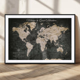 70534097-MGC-FP-36x24_Black-Personalized World Map Wall Art – Dark Vintage Adventure Style Travel Map with Custom Names, Unique Wall Decor for Couples, Home