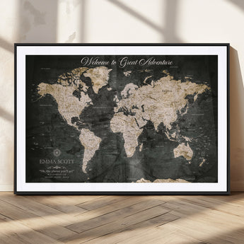 70534097-MGC-FP-36x24_Black-Personalized World Map Wall Art – Dark Vintage Adventure Style Travel Map with Custom Names, Unique Wall Decor for Couples, Home