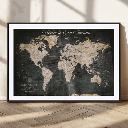 70534097-MGC-FP-36x24_Black-Personalized World Map Wall Art – Dark Vintage Adventure Style Travel Map with Custom Names, Unique Wall Decor for Couples, Home