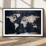 13231361-MGC-FP-36x24_Black-Personalized World Map Wall Art – Navy Blue Vintage Adventure Travel Map with Custom Names, Elegant Push Pin Canvas for Couples