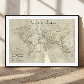 57950315-MGC-FP-36x24_Black-Personalized World Map Wall Art – Vintage Beige Travel Map with Custom Names, Romantic Anniversary Gift for Couples, Adventure