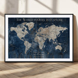 16933330-MGV-CV-36X24-Personalized World Map Wall Art – Navy Blue Vintage Travel Map with Custom Names, Anniversary Gift for Couples Romantic Adventure
