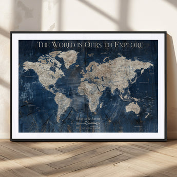 16933330-MGV-CV-36X24-Personalized World Map Wall Art – Navy Blue Vintage Travel Map with Custom Names, Anniversary Gift for Couples Romantic Adventure