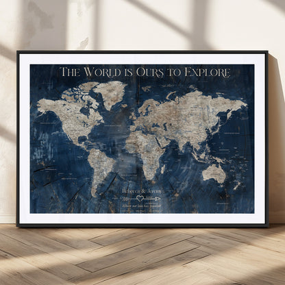 16933330-MGV-CV-36X24-Personalized World Map Wall Art – Navy Blue Vintage Travel Map with Custom Names, Anniversary Gift for Couples Romantic Adventure