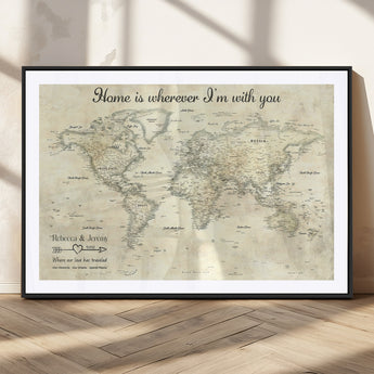 35009043-MGC-FP-36x24_Black-Personalized World Map Wall Art – Vintage Beige Travel Map with Custom Names and Date, Romantic Anniversary Gift for Couples Home