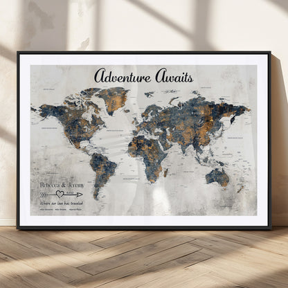 11751559-MGC-FP-36x24_Black-Personalized World Map Wall Art – Elegant Adventure Travel Tracker Map for Couples & Families, Push Pin Canvas Poster Decor for Home, Office