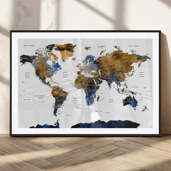 MGC-FP-36x24 - World Map Wall Art Canvas Print, Framed Blue Gold Map Art Picture Print, Rustic Atlas Perfect Rustic Modern Decor Artwork