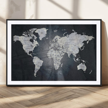 MGC-FP-36x24 - Monochrome World Map Wall Art Canvas Print, Framed Minimalist Map Art Picture Print, Modern Atlas Perfect Modern Minimalist Decor Artwork