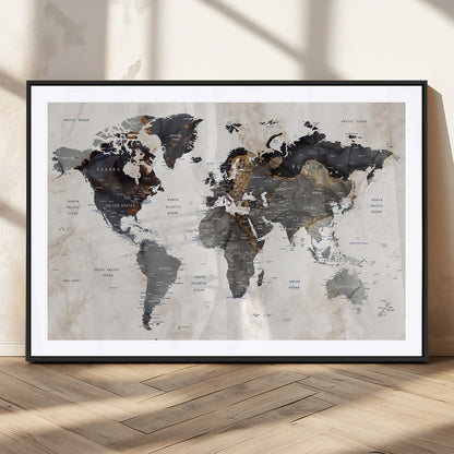 MGC-FP-36x24 - World Map Wall Art Canvas Print, Framed Rustic Map Art Picture Print, Antique Map Perfect Rustic Explorer Decor Artwork