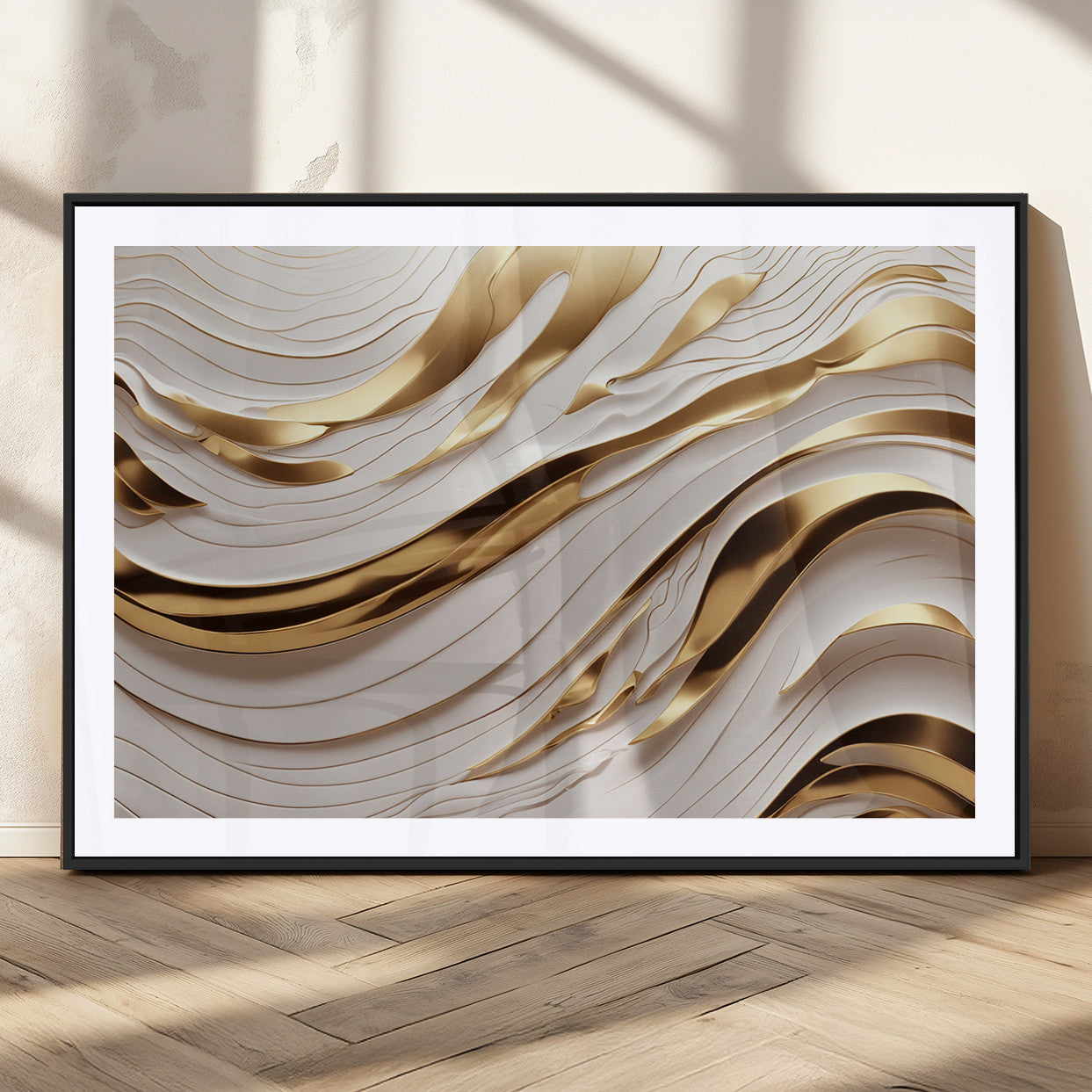 41237-MGC-FP-36x24_Black-Gold Waves Wall Art Canvas Print, Framed Elegant Flow Art Picture Print, Luxury Layers Perfect Minimal Luxe Decor Artwork