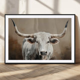 63550-MGV-CV-36X24-Texas Longhorn Wall Art Canvas Print, Framed White Bull Art Picture Print, Horned Cattle Perfect Rustic Western Decor Artwork