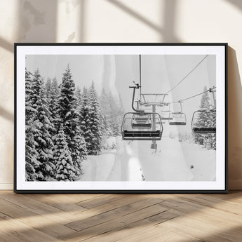 49274-MGC-FP-36x24_Black-Snowy Forest Wall Art Canvas Print, Framed Ski Lift Art Picture Print, Mountain Snow Perfect Minimal Winter Lodge Decor Artwork