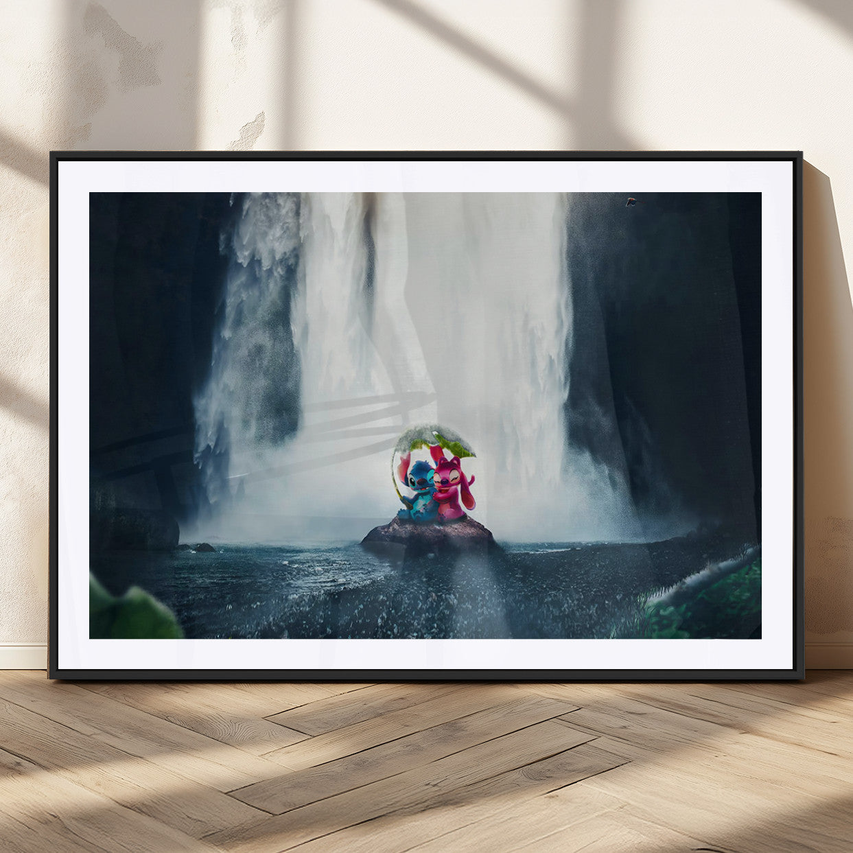 32259-MGC-FP-36x24_Black-Stitch Angel Wall Art Canvas Print, Framed Stitch Waterfall Art Picture Print, Cartoon Couple Perfect Moody Fantasy Decor Artwork