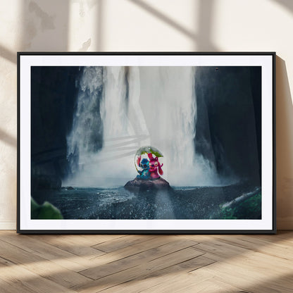 32259-MGC-FP-36x24_Black-Stitch Angel Wall Art Canvas Print, Framed Stitch Waterfall Art Picture Print, Cartoon Couple Perfect Moody Fantasy Decor Artwork