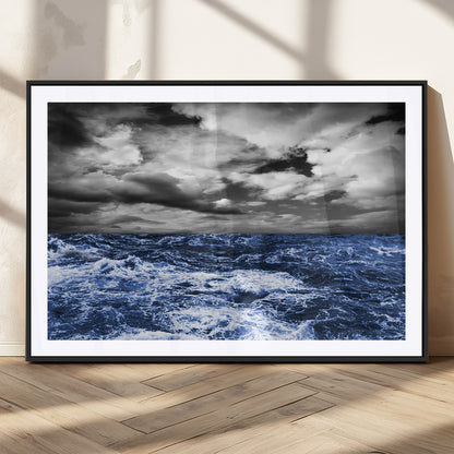 91043-MGC-FP-36x24_Black-Stormy Ocean Wall Art Canvas Print, Framed Moody Seascape Art Picture Print, Monochrome Sea Perfect Coastal Drama Decor Artwork