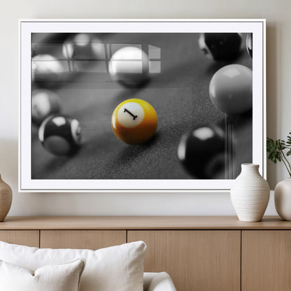 52108-MGV-CV-36X24-Precision Pool Table Wall Art – Close Up Yellow 1 Ball Canvas Print, Hand-Played Billiards Game Decor for Office, Game Room, or