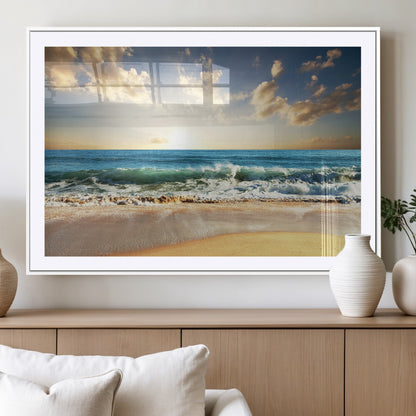 13139-MGV-CV-36X24-Sunrise Beach Wall Art – Ocean Waves and Golden Sand Canvas Print, Coastal Home Decor for Living Room, Bedroom, or Office