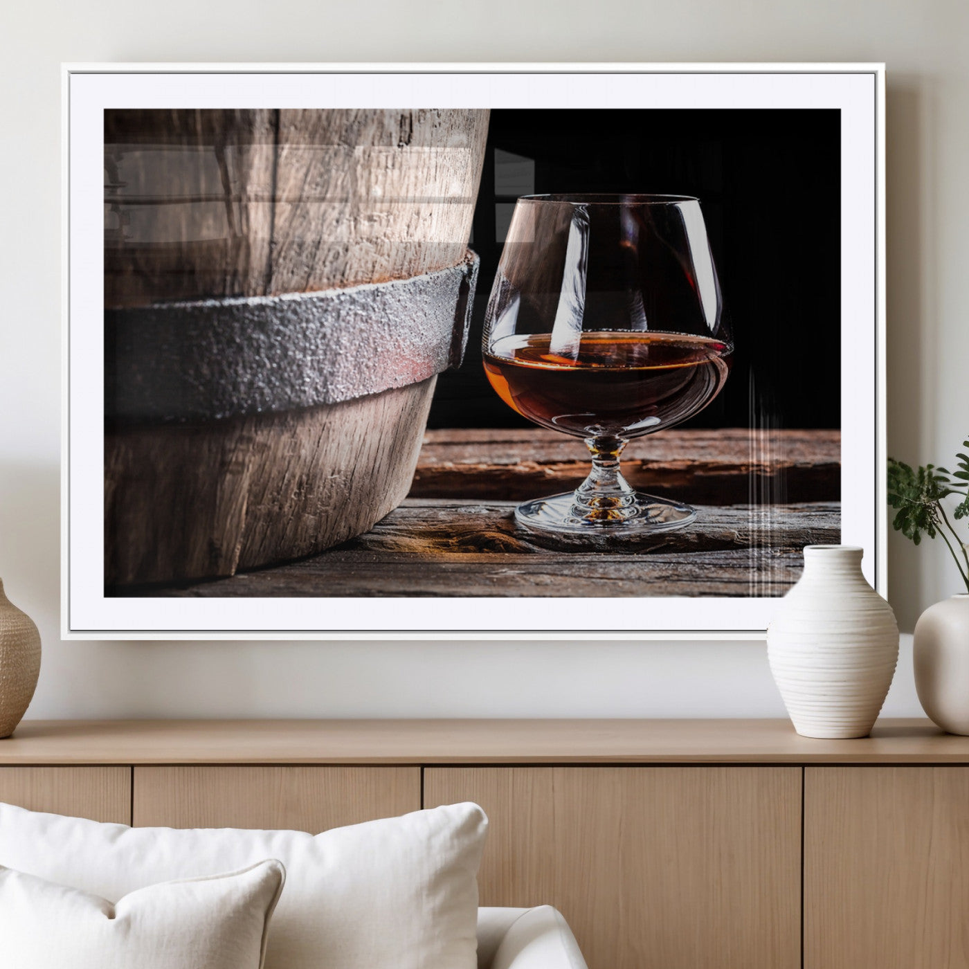 50839-MGC-FP-36x24_White-Barrel & Brandy Wall Art – Rustic Whiskey Barrel and Brandy Glass Canvas Print, Elegant Home Bar or Lounge Decor for Office, Man