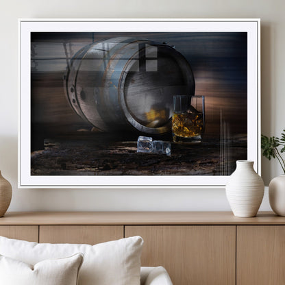 78049-MGV-CV-36X24-Whiskey Barrel Wall Art – Rustic Whiskey Barrel and Glass with Ice Canvas Print, Classic Bar or Lounge Decor for Home, Office, or