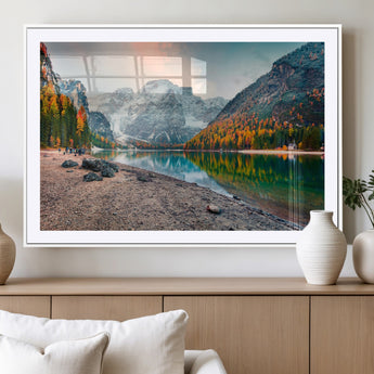 25982-MGV-CV-36X24-Autumn Mountain Lake Wall Art – Panoramic Fall Foliage and Snowy Peaks Canvas Print, Scenic Nature Decor for Living Room or Office