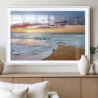 39560-MGV-CV-36X24-Sunrise Beach Wall Art – Vibrant Ocean Waves and Golden Sand Canvas Print, Seaside Coastal Decor for Living Room, Bedroom or