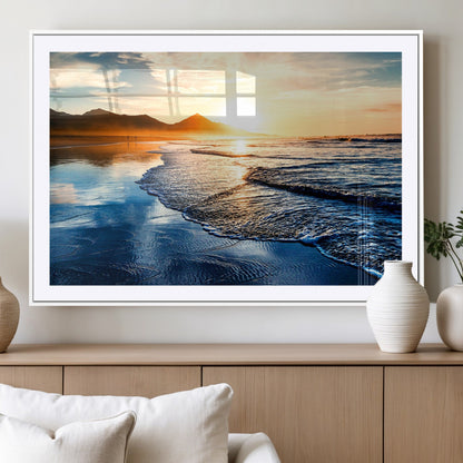 86173-MGV-CV-36X24-Golden Sunset Beach Wall Art – Reflective Ocean Canvas Print with Mountains and Waves, Coastal Nature Decor for Living Room,