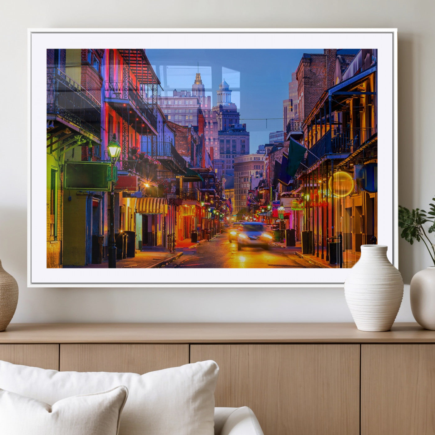 65050-MGC-FP-36x24_White-New Orleans Street Scene Wall Art – Colorful Nighttime Cityscape Canvas Print, Urban Decor for Living Room, Office or Bar