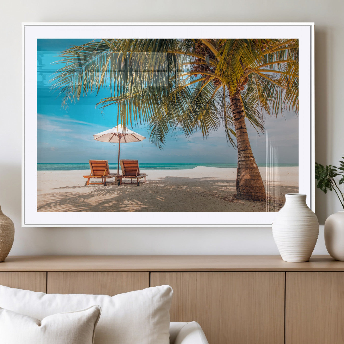 69754-MGC-FP-36x24_White-Tropical Beach Wall Art – Relaxing Palm Tree and Lounge Chairs Canvas Print, Serene Coastal Decor for Living Room, Bedroom, Office