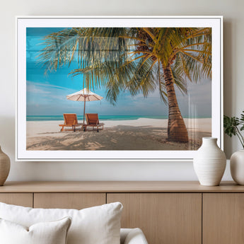 69754-MGC-FP-36x24_White-Tropical Beach Wall Art – Relaxing Palm Tree and Lounge Chairs Canvas Print, Serene Coastal Decor for Living Room, Bedroom, Office