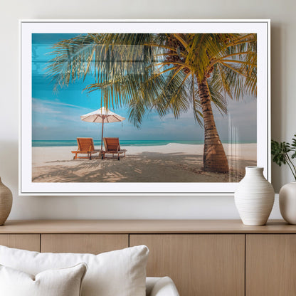 69754-MGC-FP-36x24_White-Tropical Beach Wall Art – Relaxing Palm Tree and Lounge Chairs Canvas Print, Serene Coastal Decor for Living Room, Bedroom, Office