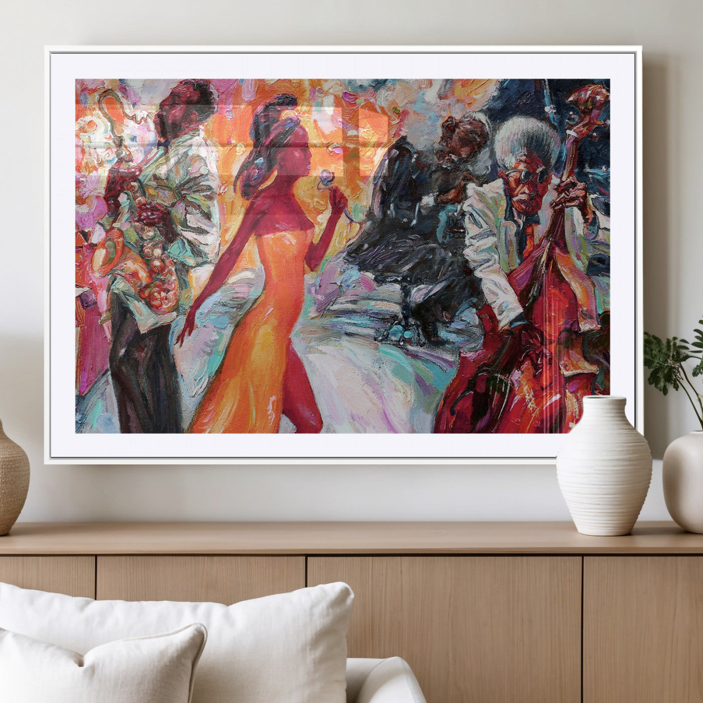 24452-MGV-CV-36X24-Vibrant Jazz Musician Painting - Expressive Art Print of Live Jazz Band, Perfect Wall Decor for Music Lovers and Art Enthusiasts