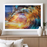 52890-MGC-FP-36x24_White-Surfing Wave Wall Art Canvas Print, Framed Sunset Ocean Art Picture Print, Ocean Wave Perfect Nautical Decor Artwork