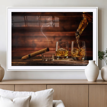 41139-MGV-CV-36X24-Whiskey and Cigar Still Life – Glasses with Ice and Pouring Amber Drink on Wooden Table with Smoke, Elegant Bar or Lounge Wall