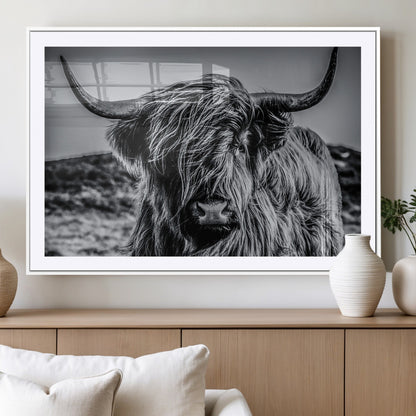 97372-MGV-CV-36X24-Elegant Highland Cow Wall Art – Black and White Canvas Print, Rustic Nature Decor for Home, Office, Living Room or Man Cave
