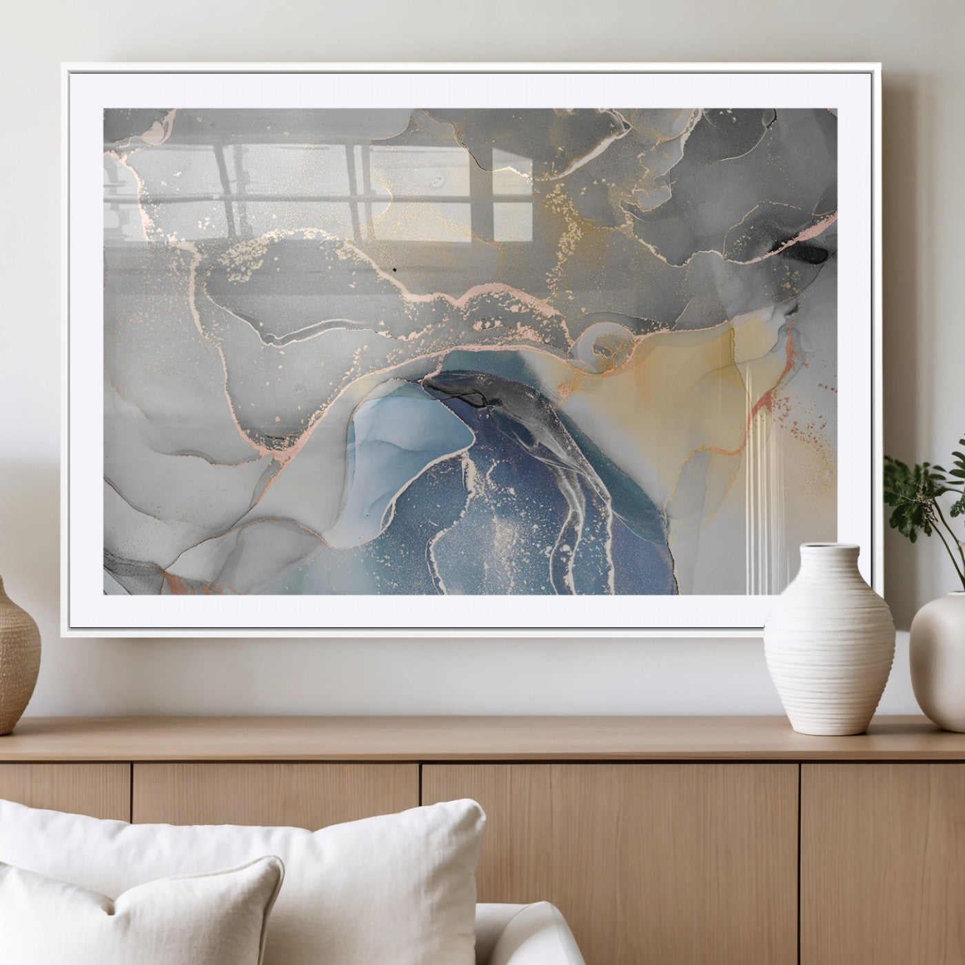 63211-MGV-CV-36X24-Abstract Fluid Art Wall Decor – Blue, Gray & Gold Canvas Print, Modern Home and Office Wall Art Decor for Living Room, Bedroom or