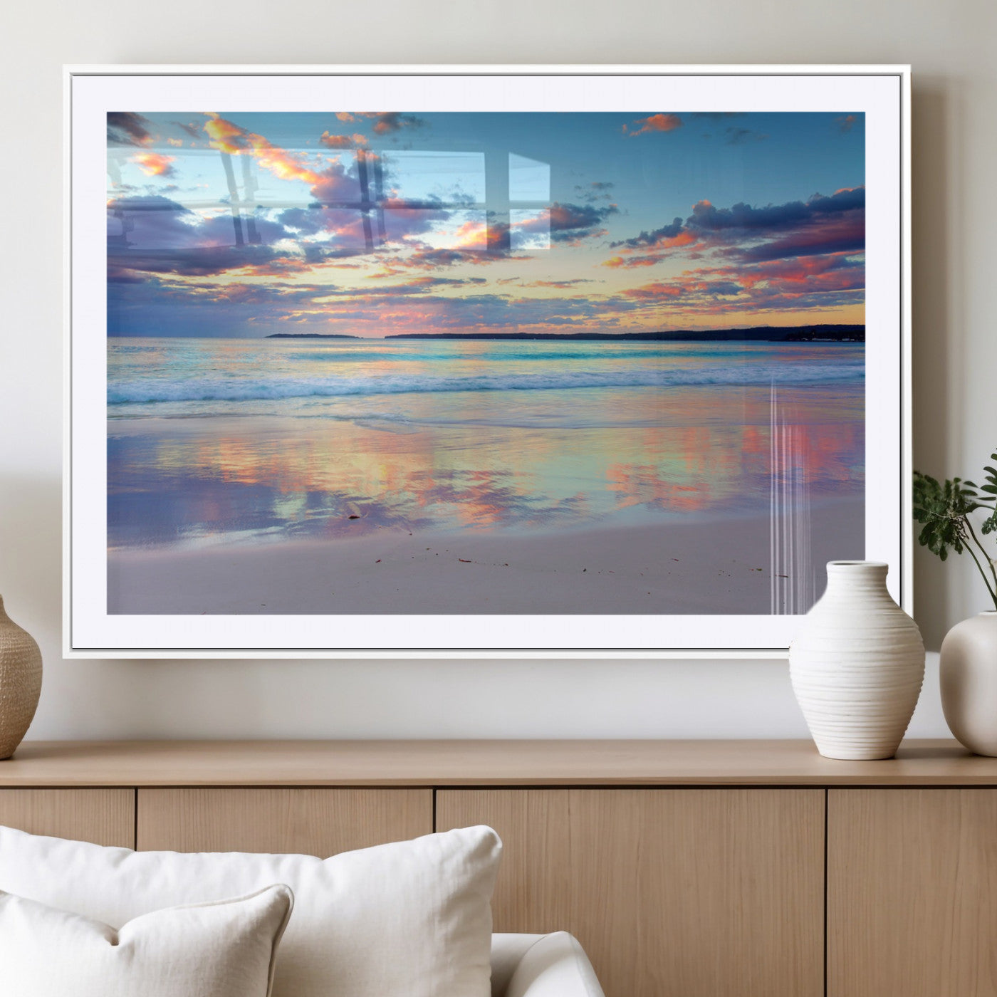 64882-MGV-CV-36X24-Tranquil Sunset Beach Wall Art – Panoramic Ocean Reflection Canvas Print, Calm Coastal Decor for Bedroom, Living Room or Office