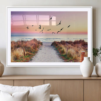 54411-MGC-FP-36x24_White-Beach Path with Birds Wall Art – Coastal Sunset Ocean Canvas Print, Seaside Nature Landscape Photography for Living Room, Bedroom