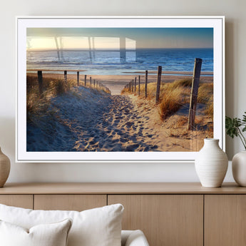 31889-MGC-FP-36x24_White-Sandy Beach Pathway Wall Art – Coastal Dune Fence and Ocean View Canvas Print, Relaxing Seaside Landscape Decor for Living Room or