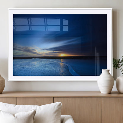 65405-MGC-FP-36x24_White-Blue Sunrise Seascape Wall Art – Tranquil Ocean Horizon Canvas Print with Golden Sunlight and Deep Sky, Coastal Landscape Decor