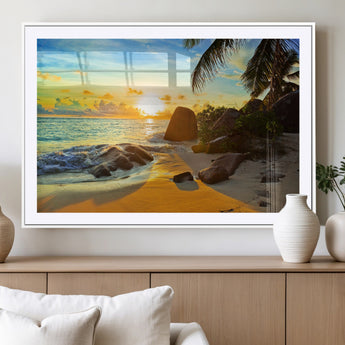 26181-MGC-FP-36x24_White-Golden Tropical Sunset Beach Wall Art – Ocean Canvas Print with Palm Trees and Rocks, Coastal Paradise Decor for Living Room or